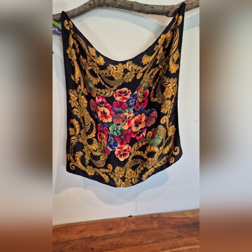 Lanvin Paris Black Gold  Blue Gold Pink Blue  Floral  Hand Rolled Silk Scarf